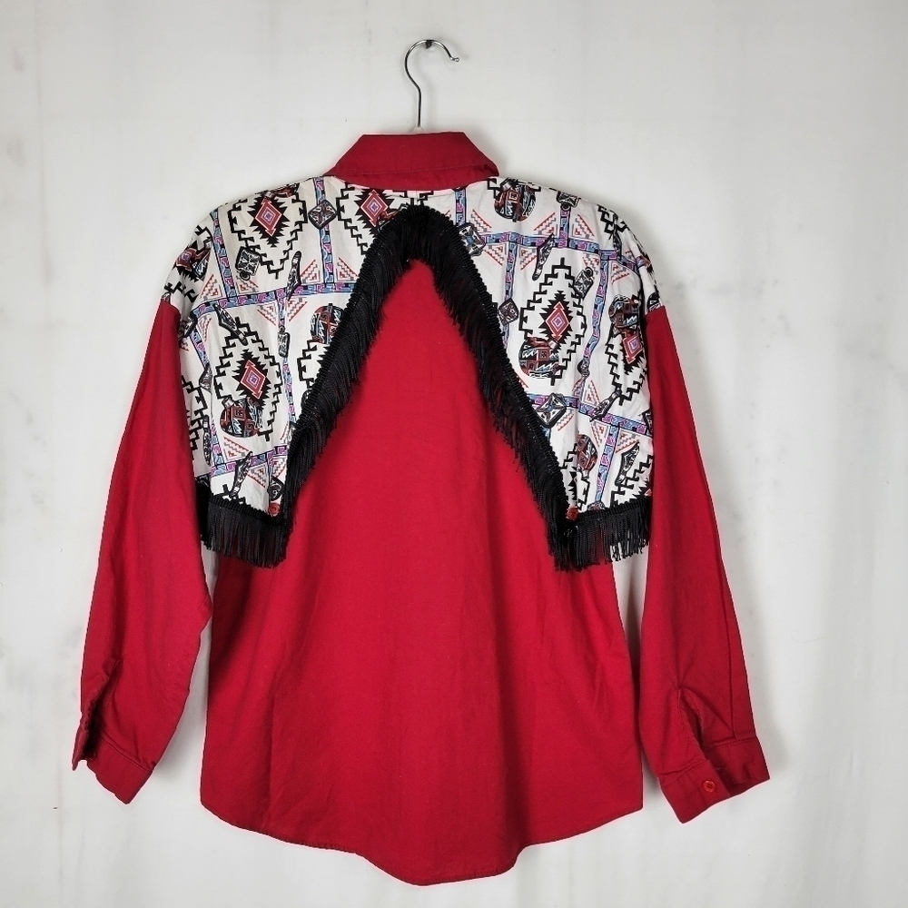 Vintage Wagon Wheels Red Western Rodeo Fringe Button Up Shirt - Picture 6 of 9